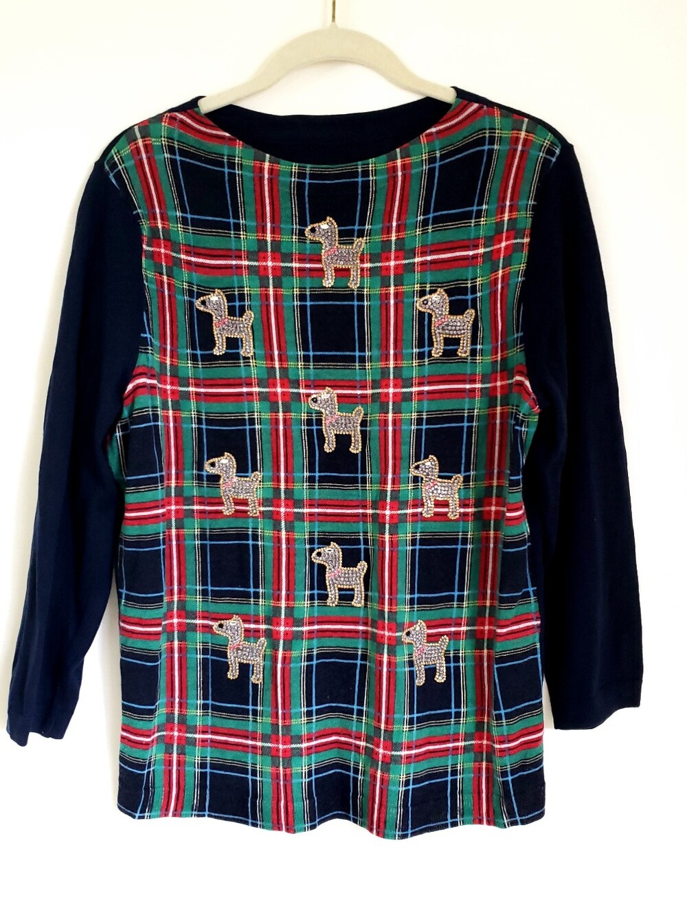 Talbots 100% Wool Plaid Long-Sleeve Knit Scotty Dog Motifs Navy Red Green L